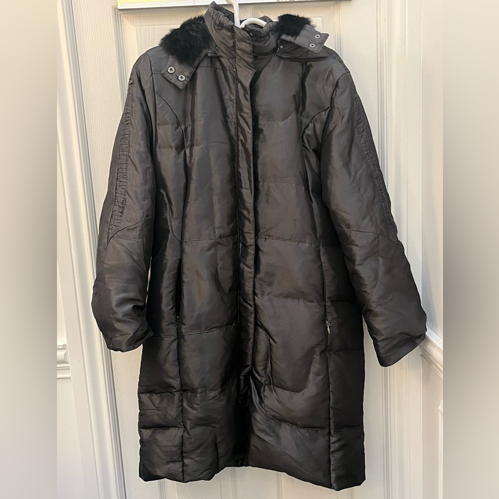M Collection Dark Puffer Coat with Fur Trim
